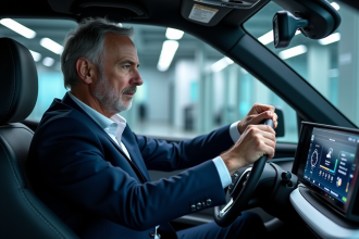 Ingénieur automobile étudiant un tableau de bord numérique