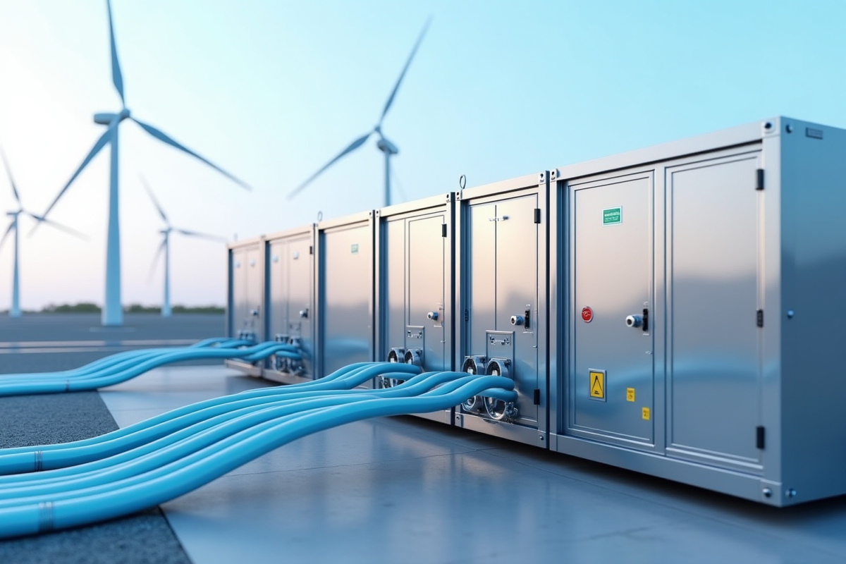 Installation de batteries avancées avec éoliennes en arrière-plan