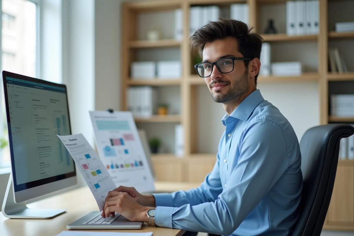 Jeune officiel travaillant sur son ordinateur dans un bureau moderne