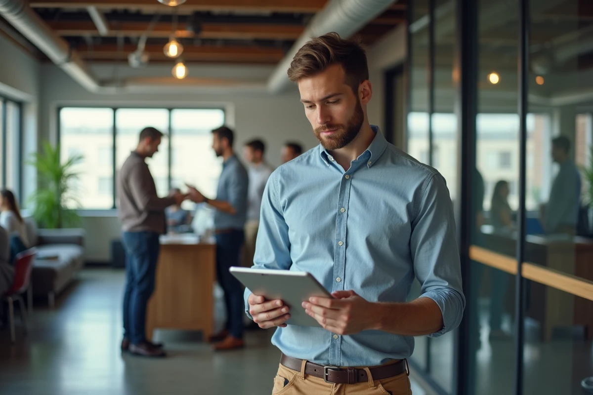 Jeune entrepreneur dans espace coworking avec tablette