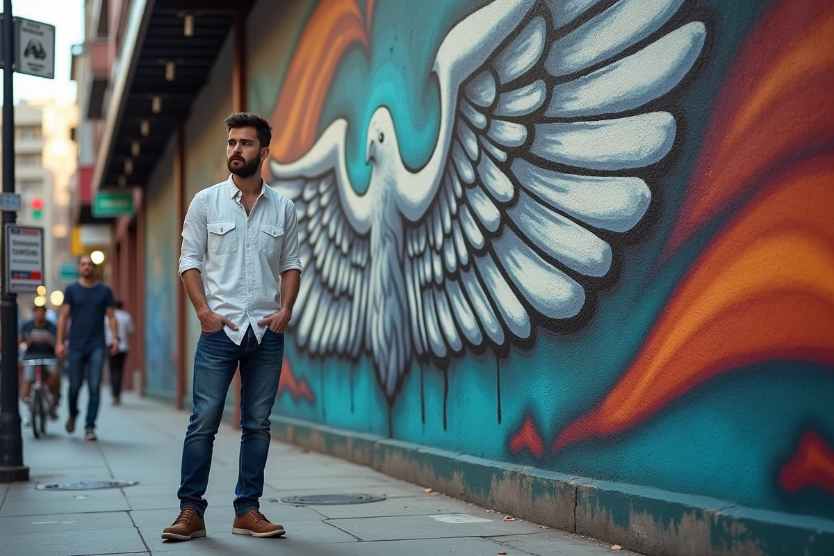 Jeune entrepreneur devant un mur de street art coloré
