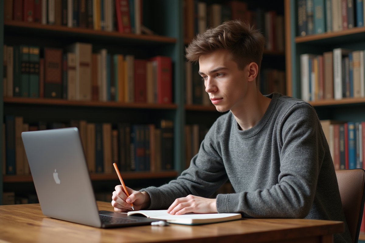 Etudiant en bibliothèque écrivant synonymes disruption