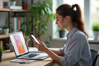 Jeune femme concentrée devant un poster digital coloré dans un bureau créatif
