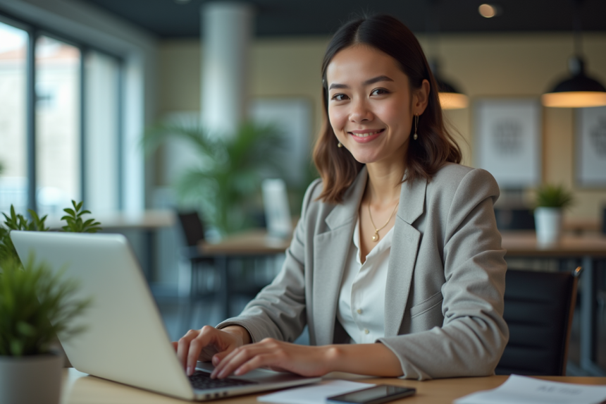 Jeune femme professionnelle travaillant sur un ordinateur dans un bureau moderne