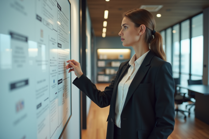 Jeune femme en bureau avec tableau d'organigrammes