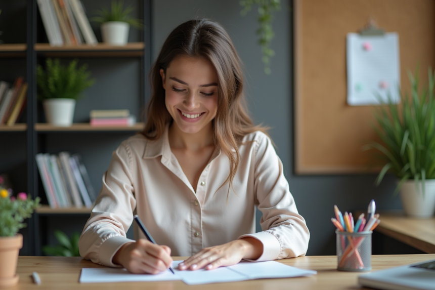 Jeune femme souriante dans son bureau organisé