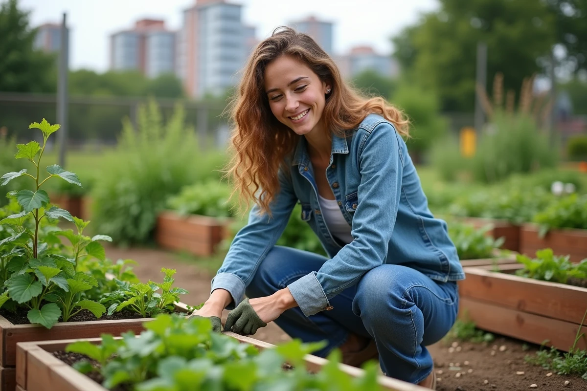 Jeune femme en jardin communautaire avec plantes vertes