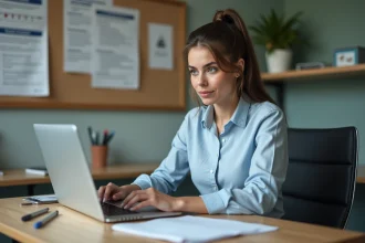 Jeune femme concentrée sur son ordinateur dans un bureau de auto ecole