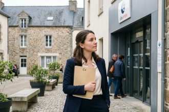 Jeune femme en tenue casual recherche emploi devant centre emploi
