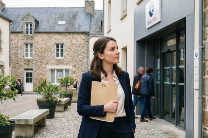 Jeune femme en tenue casual recherche emploi devant centre emploi