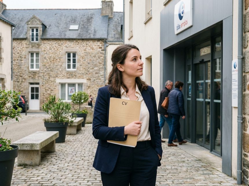 Jeune femme en tenue casual recherche emploi devant centre emploi