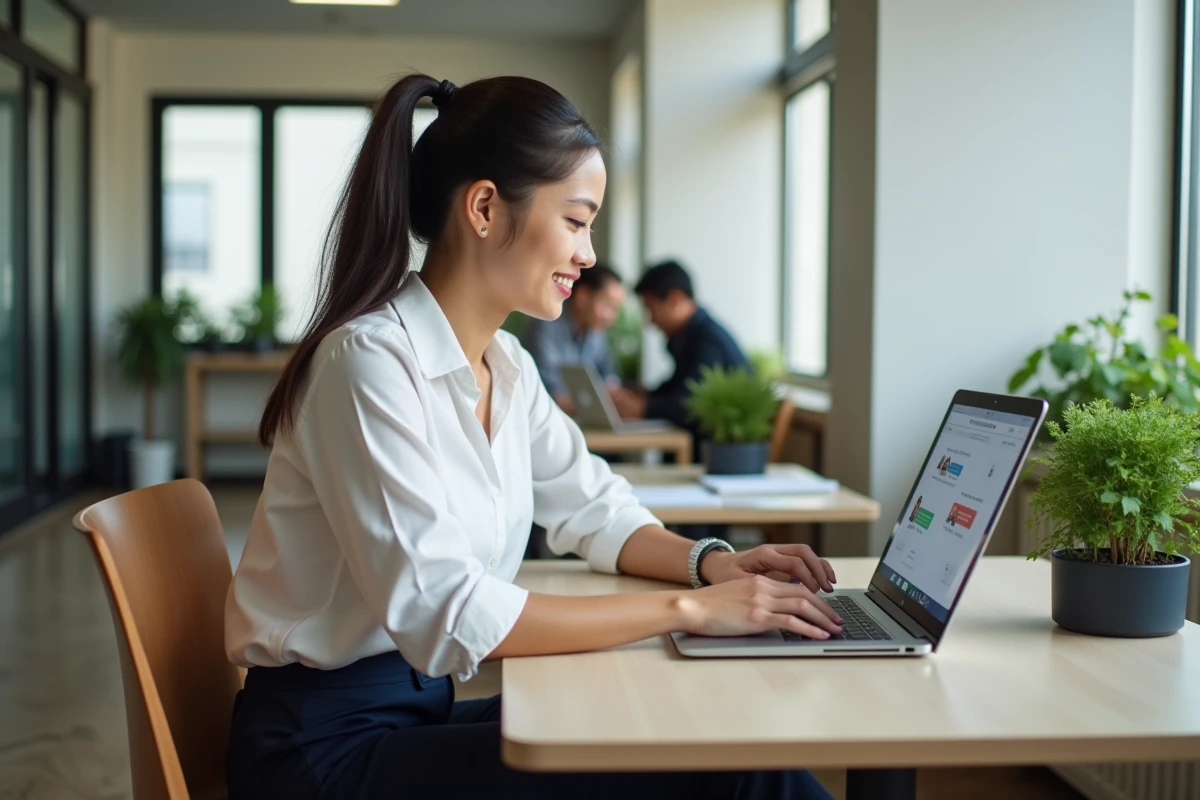 Jeune femme travaillant sur un ordinateur dans un espace collaboratif