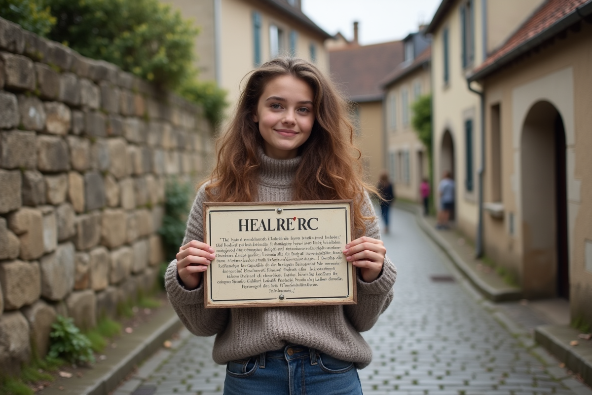 Jeune femme avec panneau sur un village français pittoresque