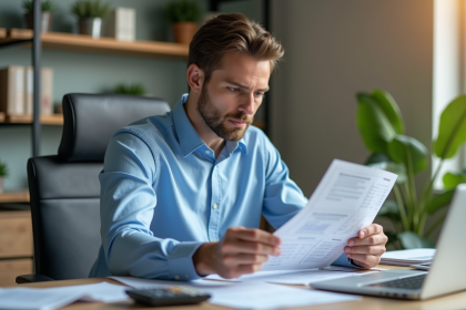Jeune homme d'affaires en analyse de documents financiers