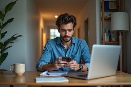 Jeune homme en bureau moderne utilisant son ordinateur et smartphone
