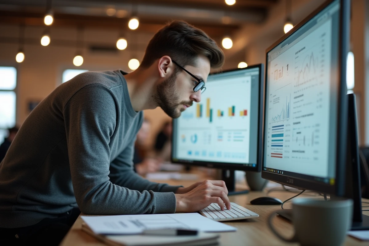 Jeune professionnel consultant une analyse de domaines concurrentiels sur un moniteur dans un espace de coworking moderne