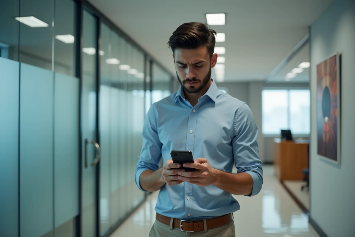 Jeune stagiaire consultant son téléphone dans un couloir de bureau, l'air préoccupé par une situation liée à ses droits en matière de congés