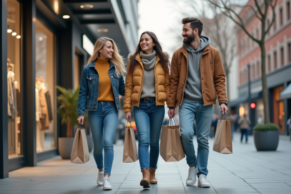 Groupe de jeunes adultes sortant d'un centre commercial moderne