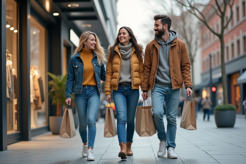 Groupe de jeunes adultes sortant d'un centre commercial moderne