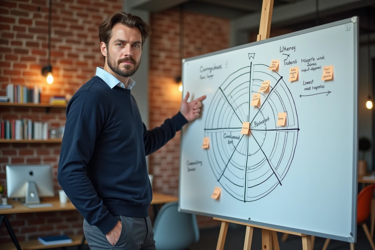 Entrepreneur présentant une stratégie de lancement d'offre premium sur tableau blanc dans un espace de coworking