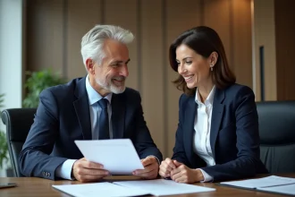 Manager en costume bleu échange avec une officielle