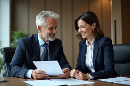 Manager en costume bleu &eacute;change avec une officielle