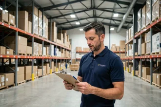 Manager logistique professionnel dans un entrepôt de distribution moderne examinant des documents