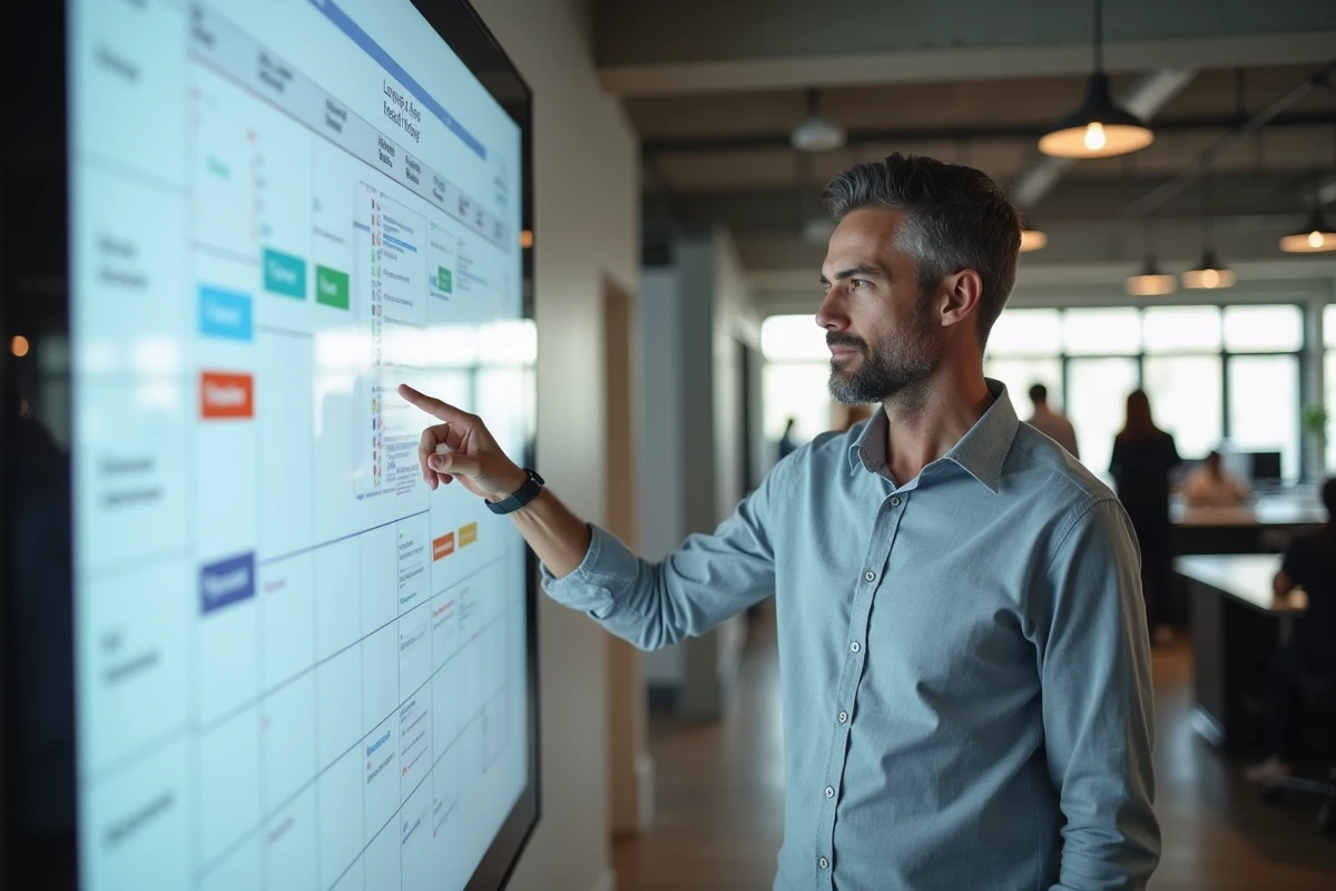 Manager présentant un tableau de bord de planification centralisée sur écran interactif dans un espace de coworking