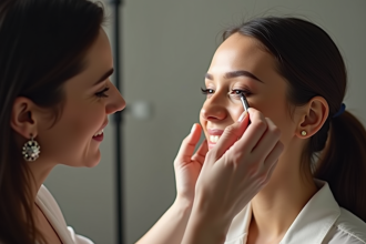Maquilleuse appliquant un maquillage naturel à une cliente souriante