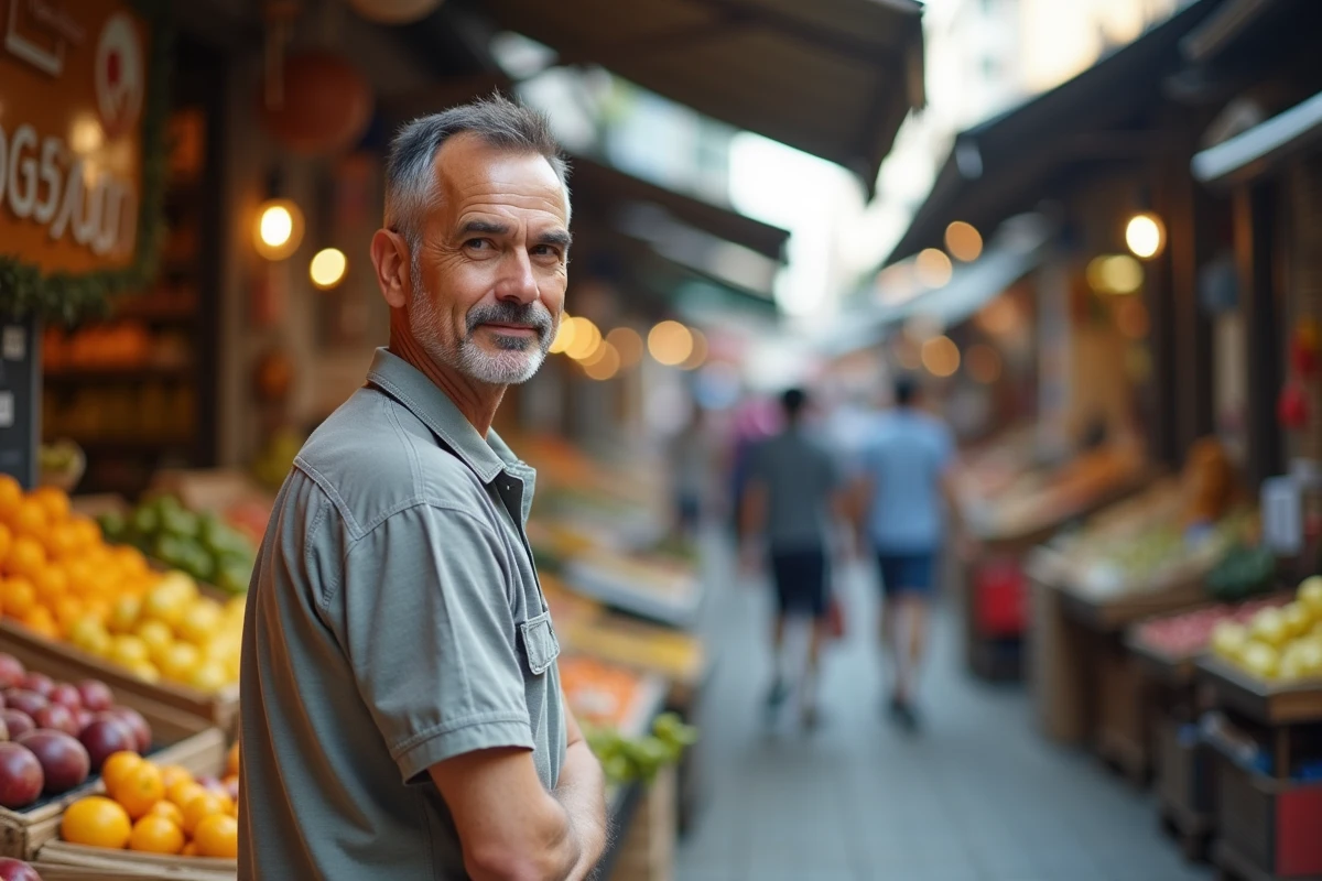 Homme dans un marché de rue en Asie avec produits locaux