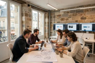 Équipe d'une agence web en Bourgogne-Franche-Comté collaborant autour de maquettes de sites web dans un bureau moderne aux murs en pierre apparente