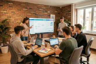 Équipe d'une agence web dans le Cher travaillant sur des projets numériques dans un bureau moderne