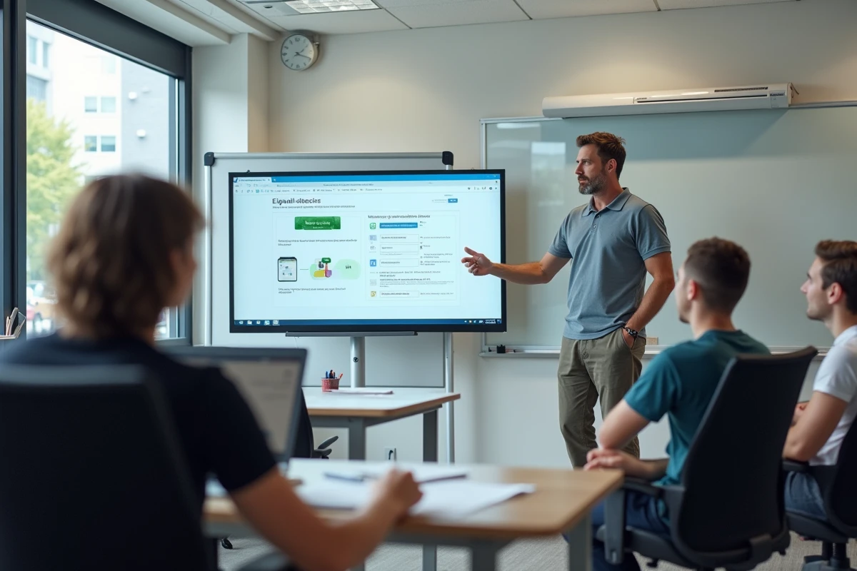 Instructeur de conduite expliquant le logiciel aux étudiants dans la salle