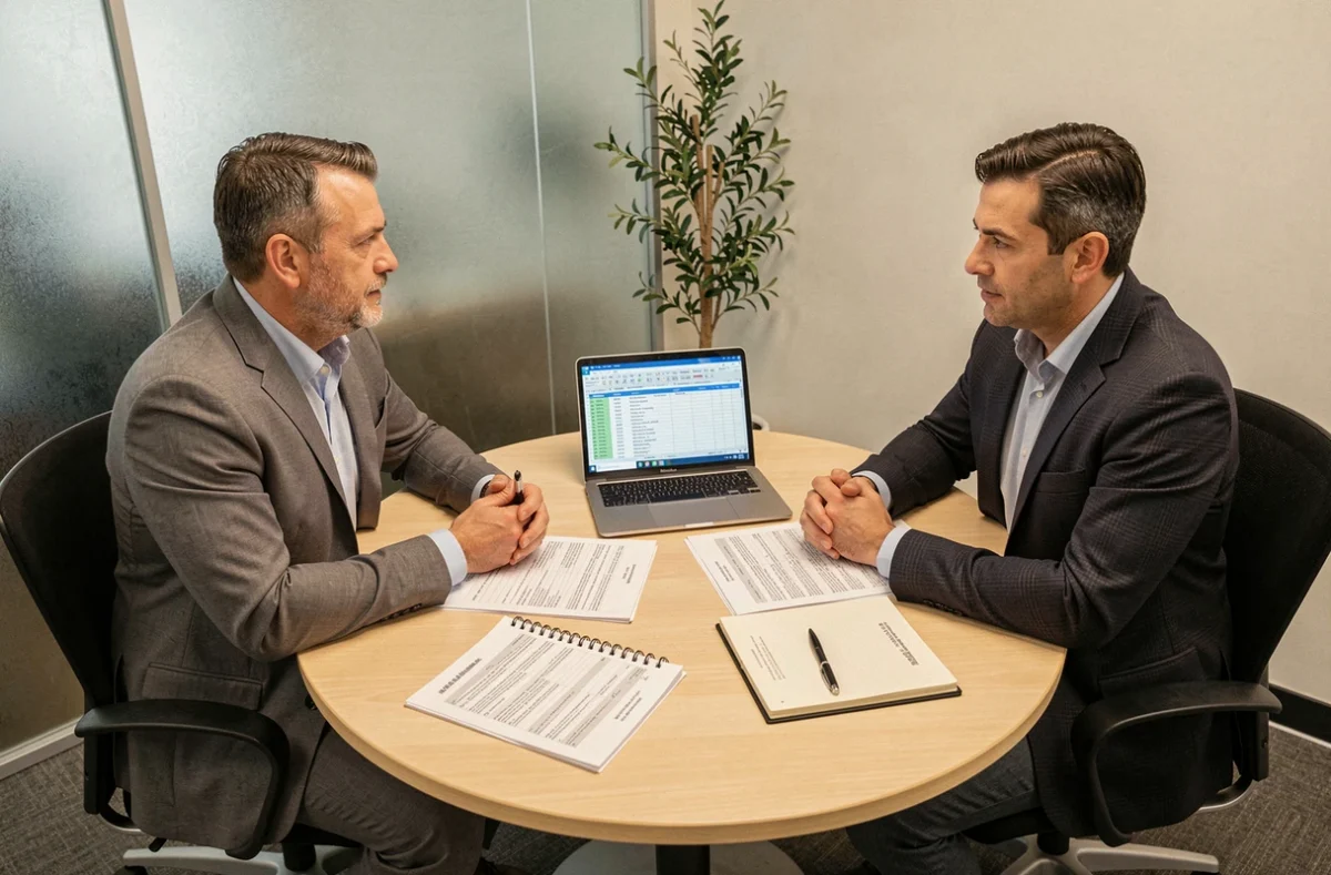 Deux entrepreneurs discutant des frais de cession de commerce autour d'une table de réunion avec des documents financiers
