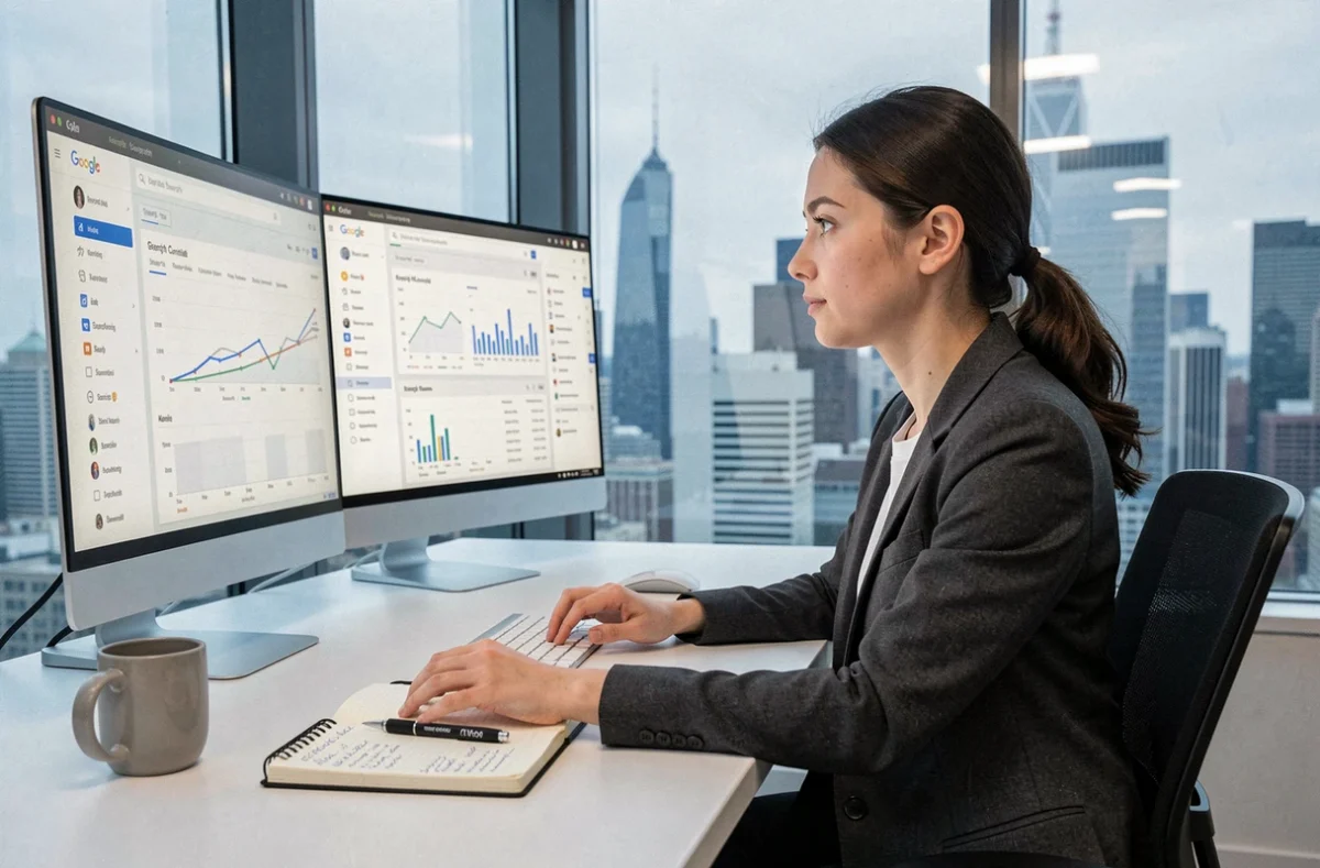 Analyste SEO de NEWP scrutant des tableaux de bord de référencement naturel sur deux moniteurs dans un bureau moderne avec vue sur la ville