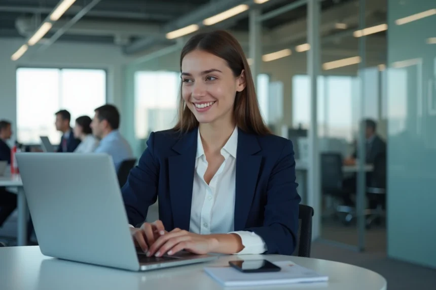 Nouvelle employée Air France consultant l'intranet Intraligne sur son ordinateur portable dans un bureau moderne