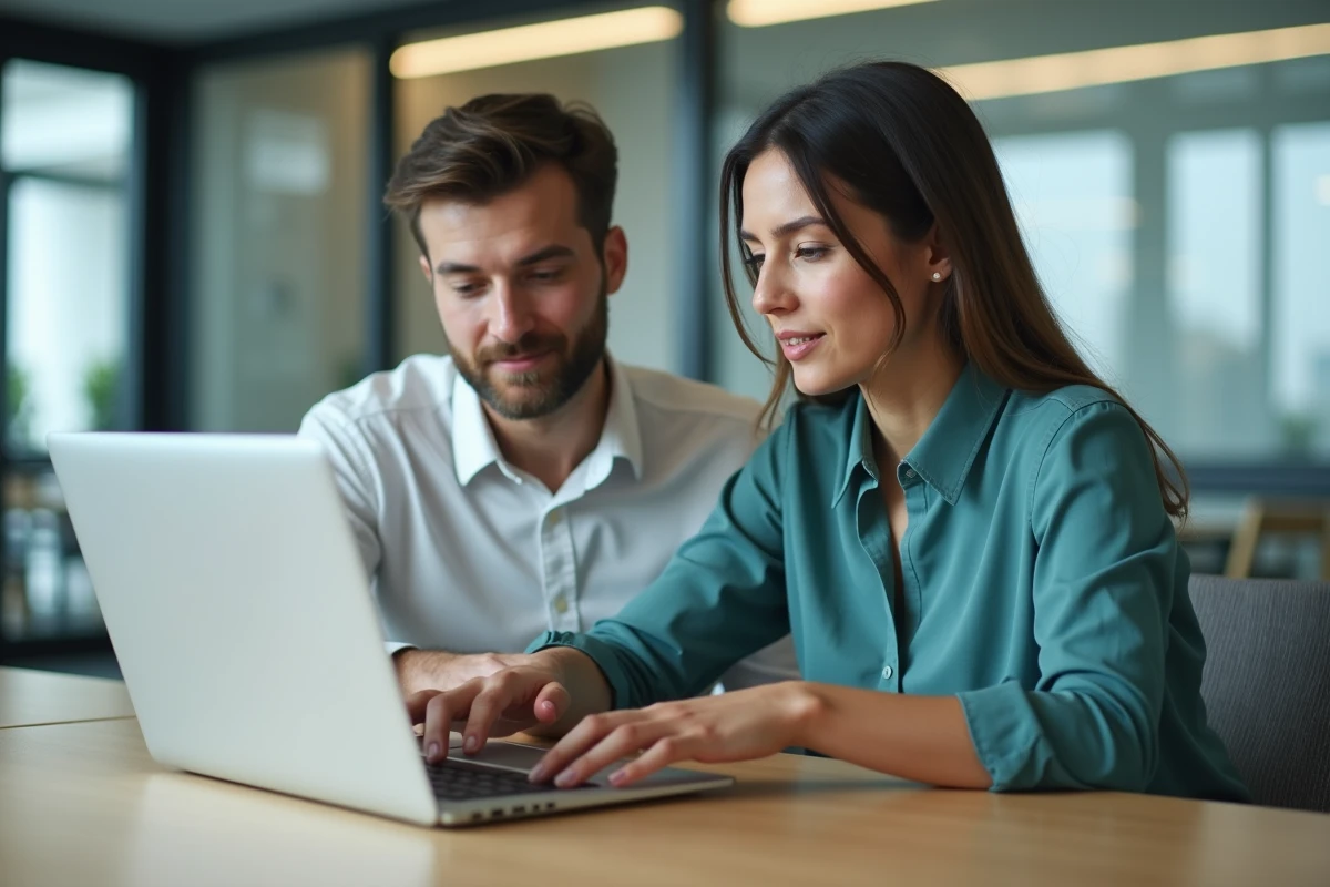 Deux nouveaux employés Air France en session d'intégration consultant ensemble le portail Intraligne en salle de réunion
