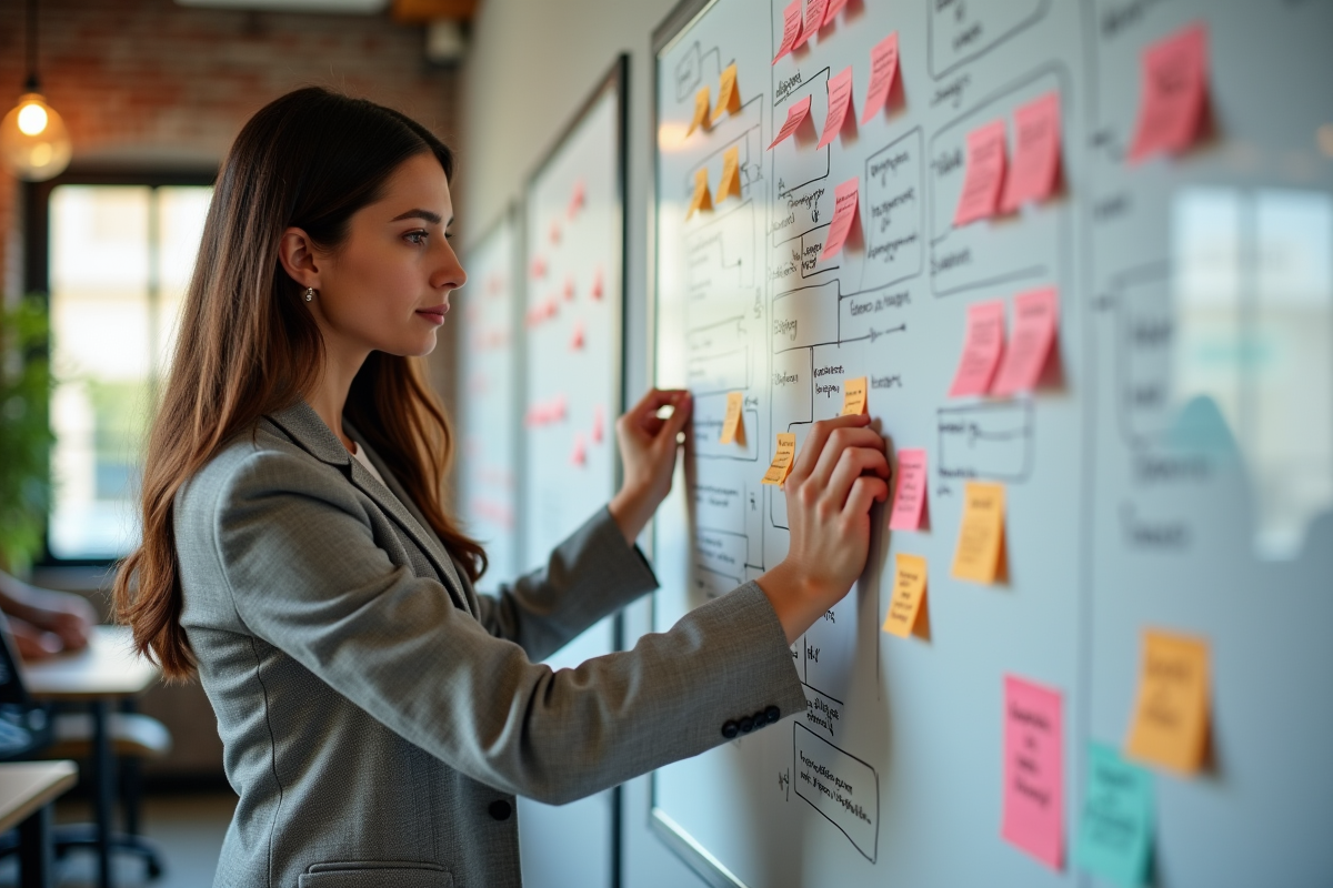 Jeune femme organisant des notes sur un tableau blanc