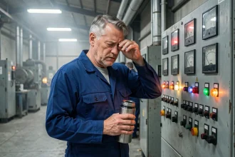 Ouvrier fatigué en poste de nuit devant un tableau de contrôle industriel, illustrant le quotidien des salariés en horaires décalés 5x8