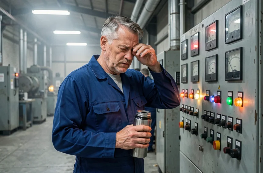 Ouvrier fatigué en poste de nuit devant un tableau de contrôle industriel, illustrant le quotidien des salariés en horaires décalés 5x8
