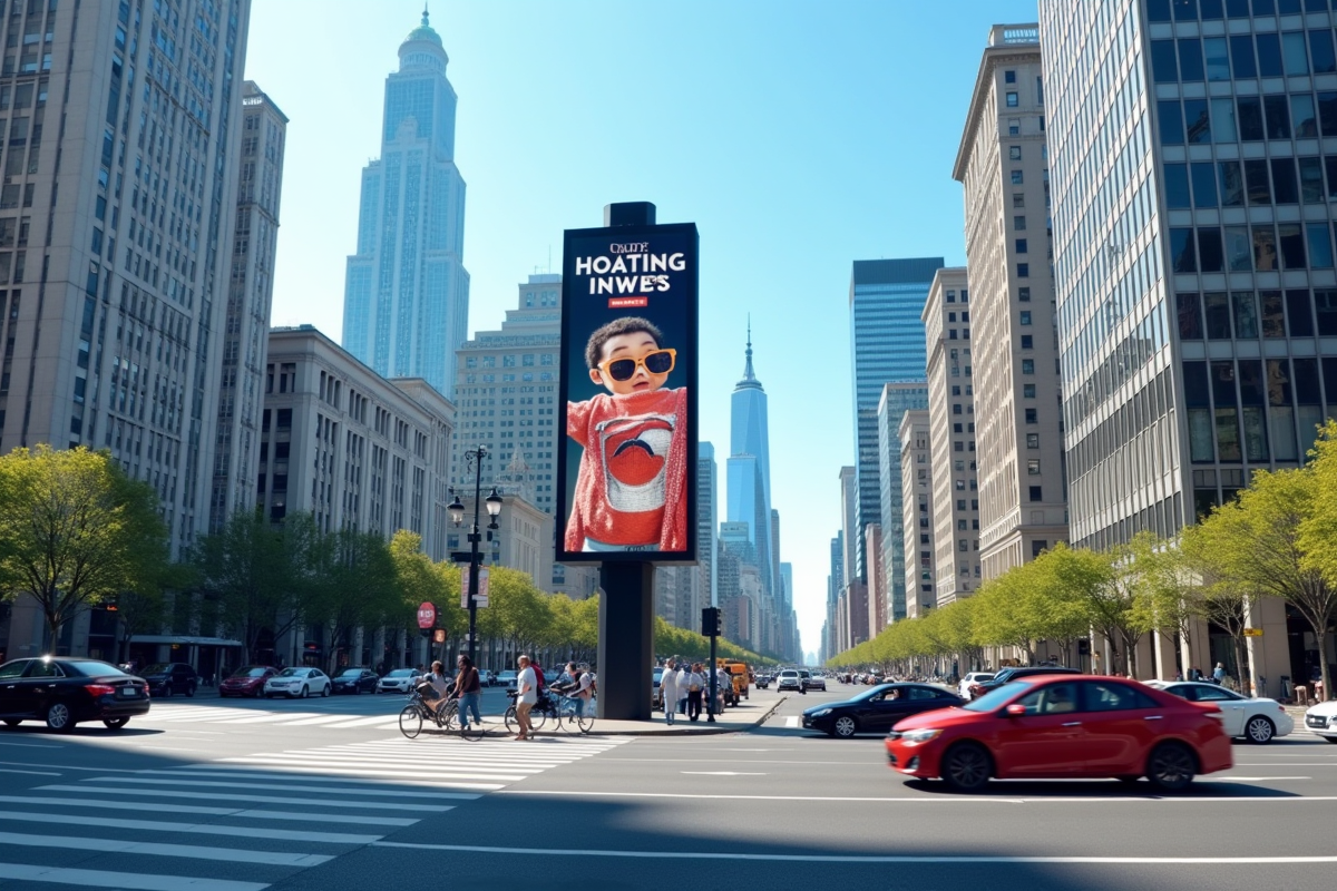 Panneau publicitaire numérique dans une ville animée en journée