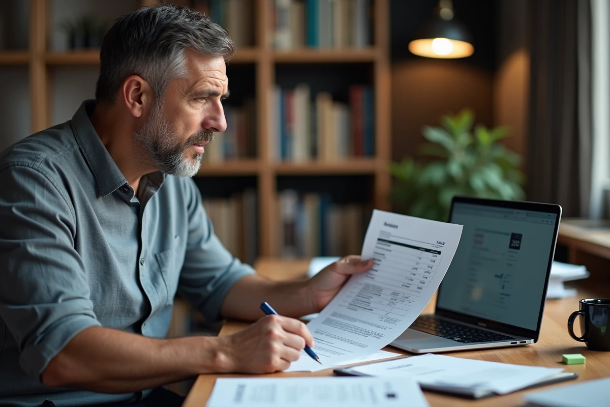 Photographe indépendant examinant un contrat client et une facture numérique à son bureau, représentant la gestion administrative et la protection juridique en photographie