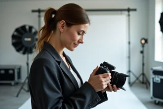 Photographe professionnelle en studio examinant ses prises de vue sur un appareil photo numérique, illustrant le flux de travail de la photographie commerciale