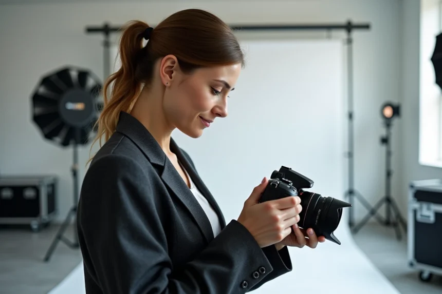 Photographe professionnelle en studio examinant ses prises de vue sur un appareil photo numérique, illustrant le flux de travail de la photographie commerciale