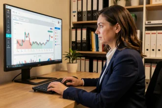 Cheffe de PME analysant une campagne publicitaire Pay Per Click sur son ordinateur de bureau