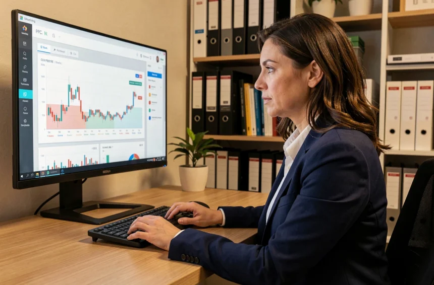 Cheffe de PME analysant une campagne publicitaire Pay Per Click sur son ordinateur de bureau