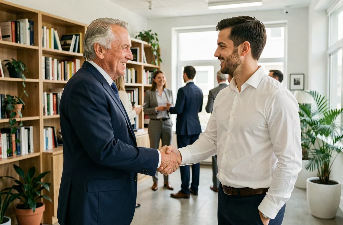 Poignée de main émouvante entre un employé partant à la retraite et son collègue dans un bureau moderne