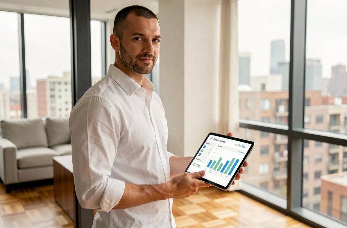 Indépendant en portage salarial consultant une simulation de revenu net sur tablette dans un appartement moderne