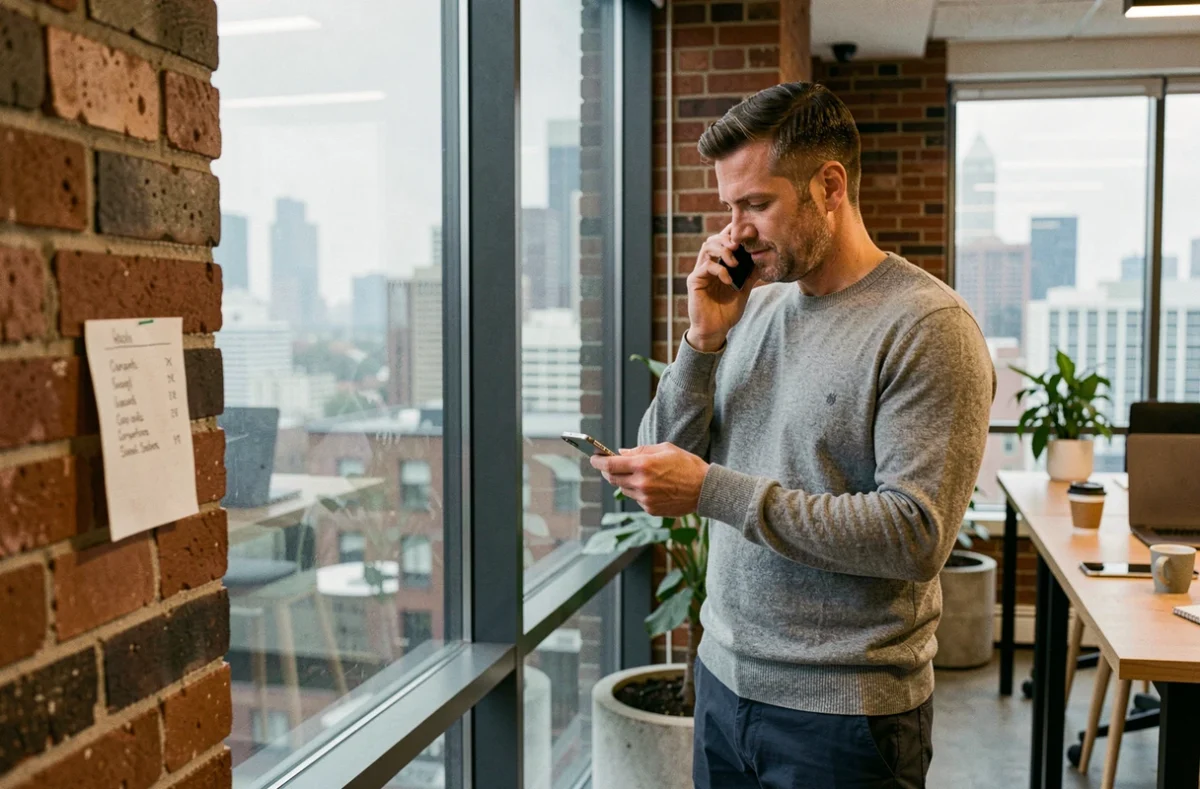 Homme d'affaires préparant un appel à froid dans un espace de coworking moderne avec vue sur la ville