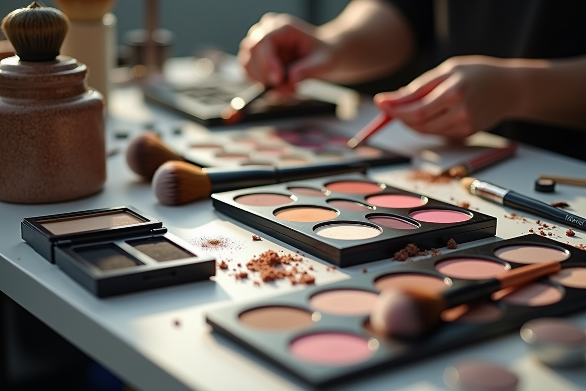 Préparation des pinceaux et palettes dans un espace de maquillage